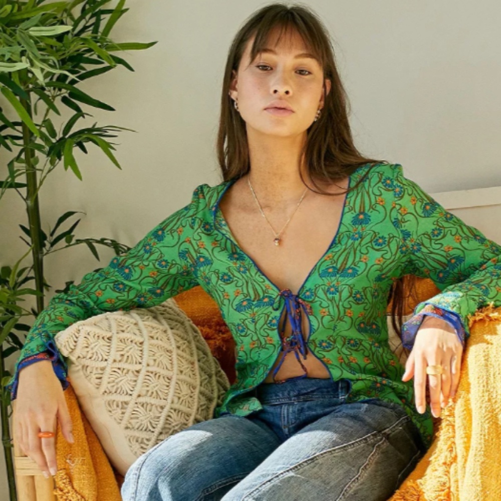 Phaedra Tie-Front Blouse - Green Multi Urban Outfitters